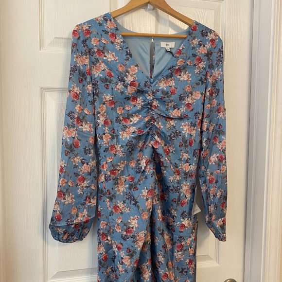 NSR Heidi Rouched Slit Front Dress Floral Blue Sky WOMENS SIZE Large NWT - Picture 8 of 9